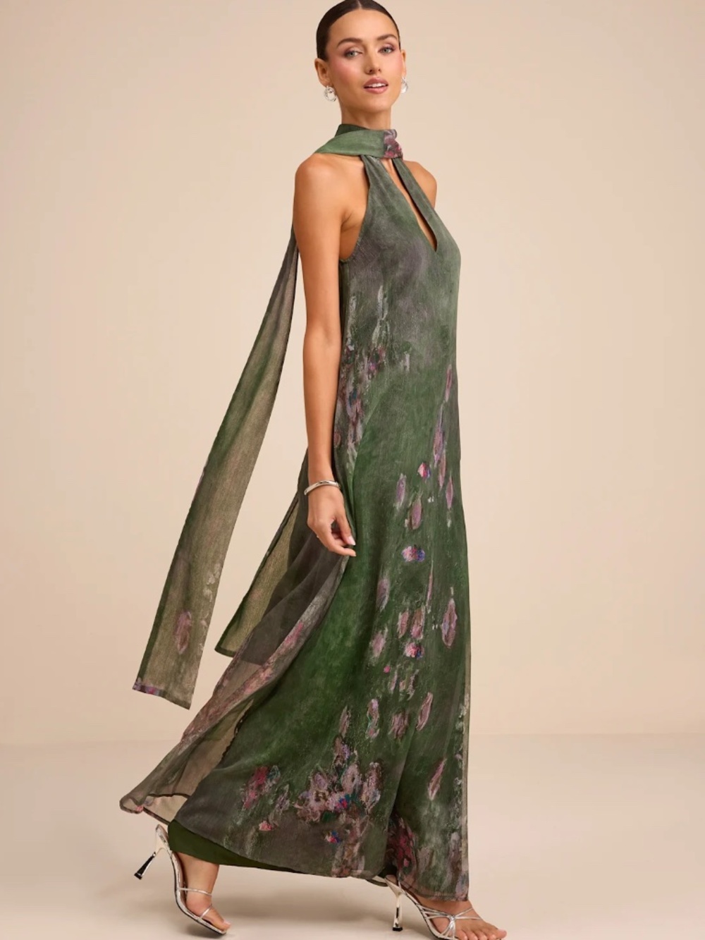 Calixta Green Abstract Chiffon Sash Shift Maxi Dress